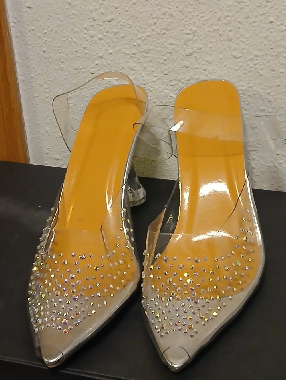 Sparkling Rhinestone Clear PVC Slingback Pointed Toe Heels